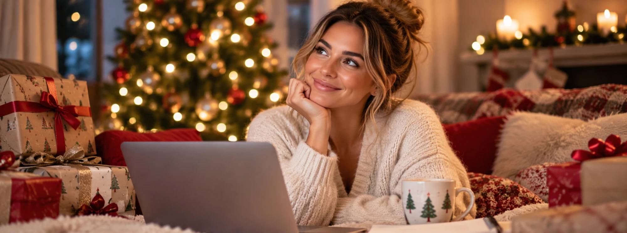 A woman relaxing by a decorated Christmas tree next to wrapped presents, planning her wishlist on a laptop